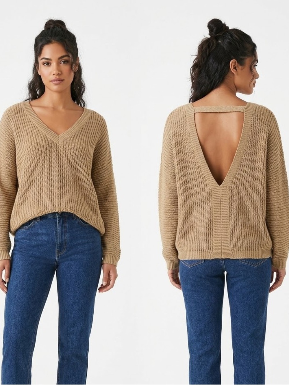Forever 21 Tan Open Back V-Neck Chunky Knit Sweater Size Small